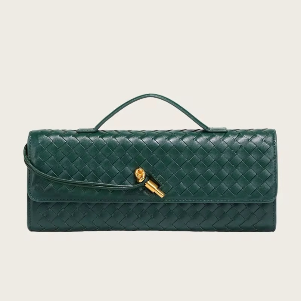 High Quality Green Woven Clutch | Luxe Vegan Leather Evening Bag